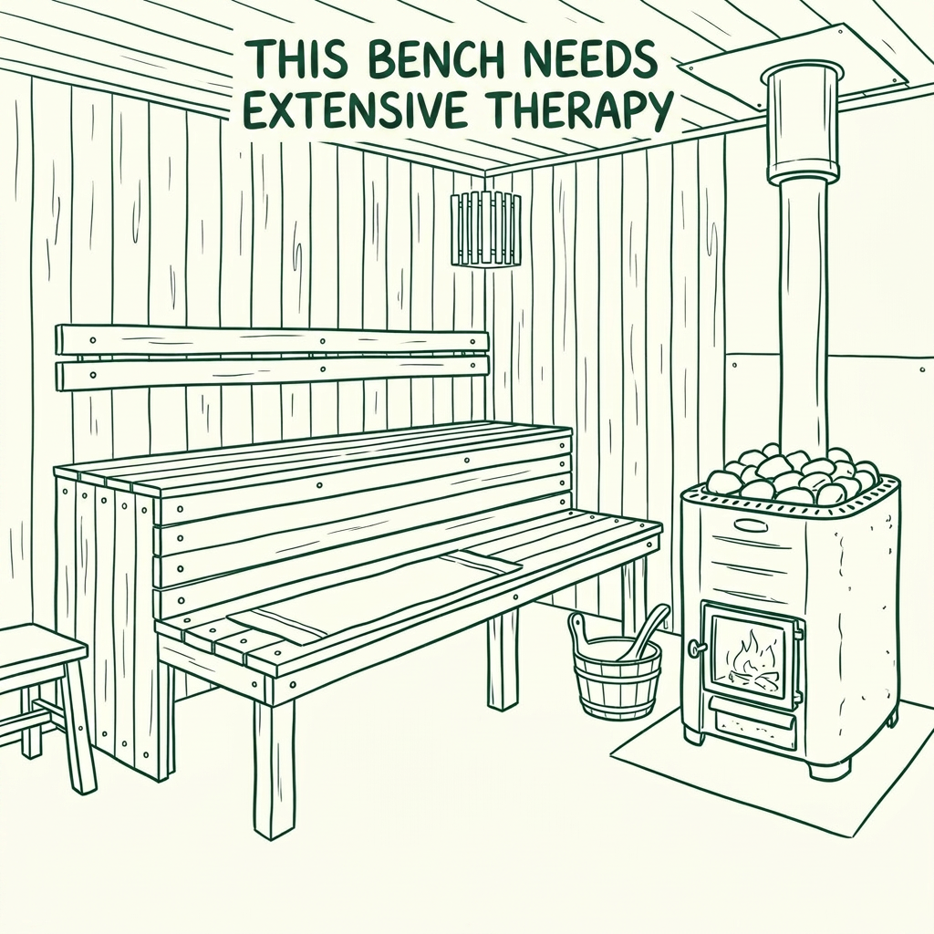 A wooden sauna bench under a single spotlight