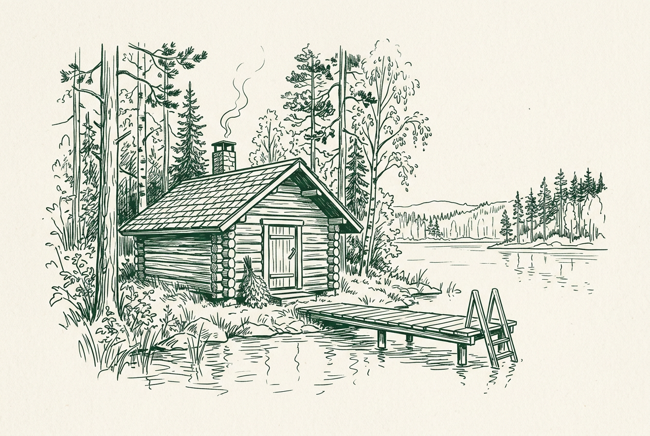 A traditional Finnish log savusauna beside a still forest lake with a wooden jetty