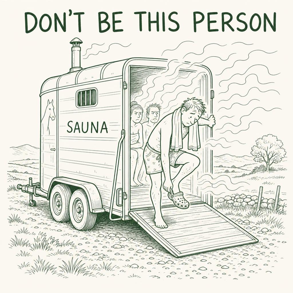 Person holding the sauna door open while removing flip flops