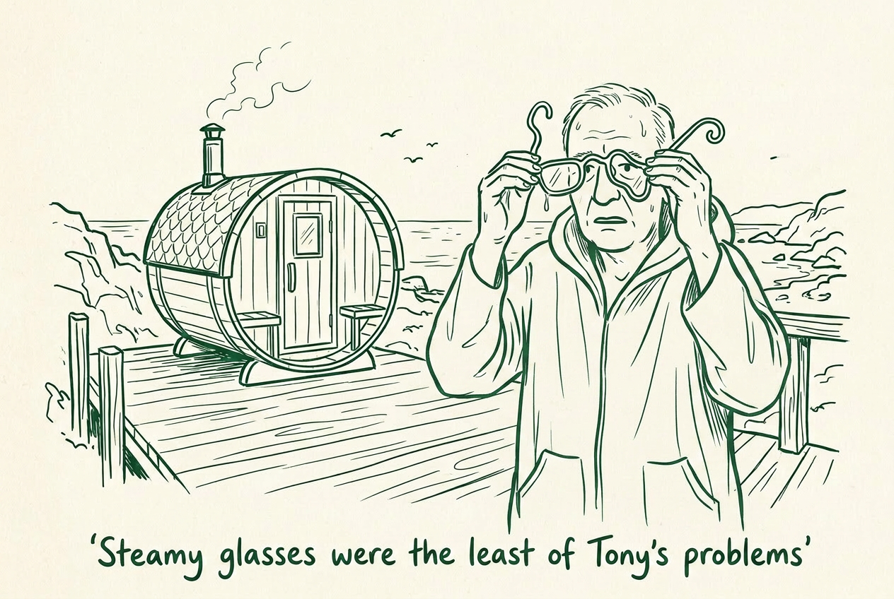 An older man on a coastal sauna deck trying on a pair of warped, misshapen spectacles