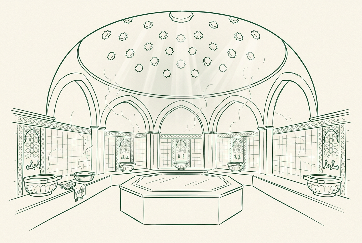 Interior of a traditional Turkish hammam with a domed ceiling, central marble platform and marble basins