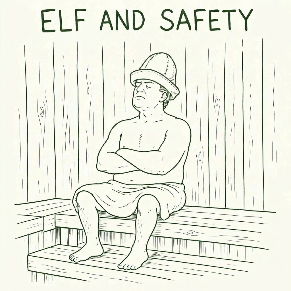 A serious sauna-goer wearing a tall pointy felt sauna hat