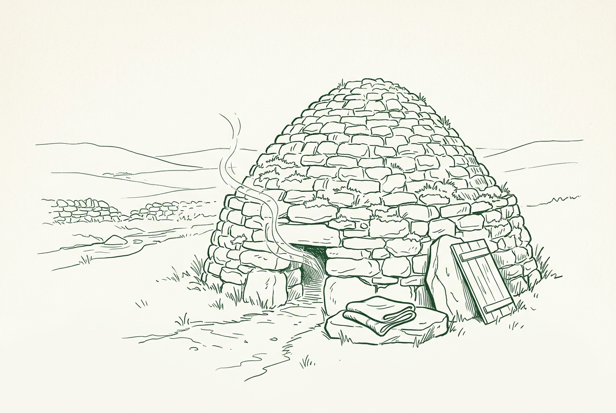 Map of Ireland with stone beehive sweat houses dotted across it