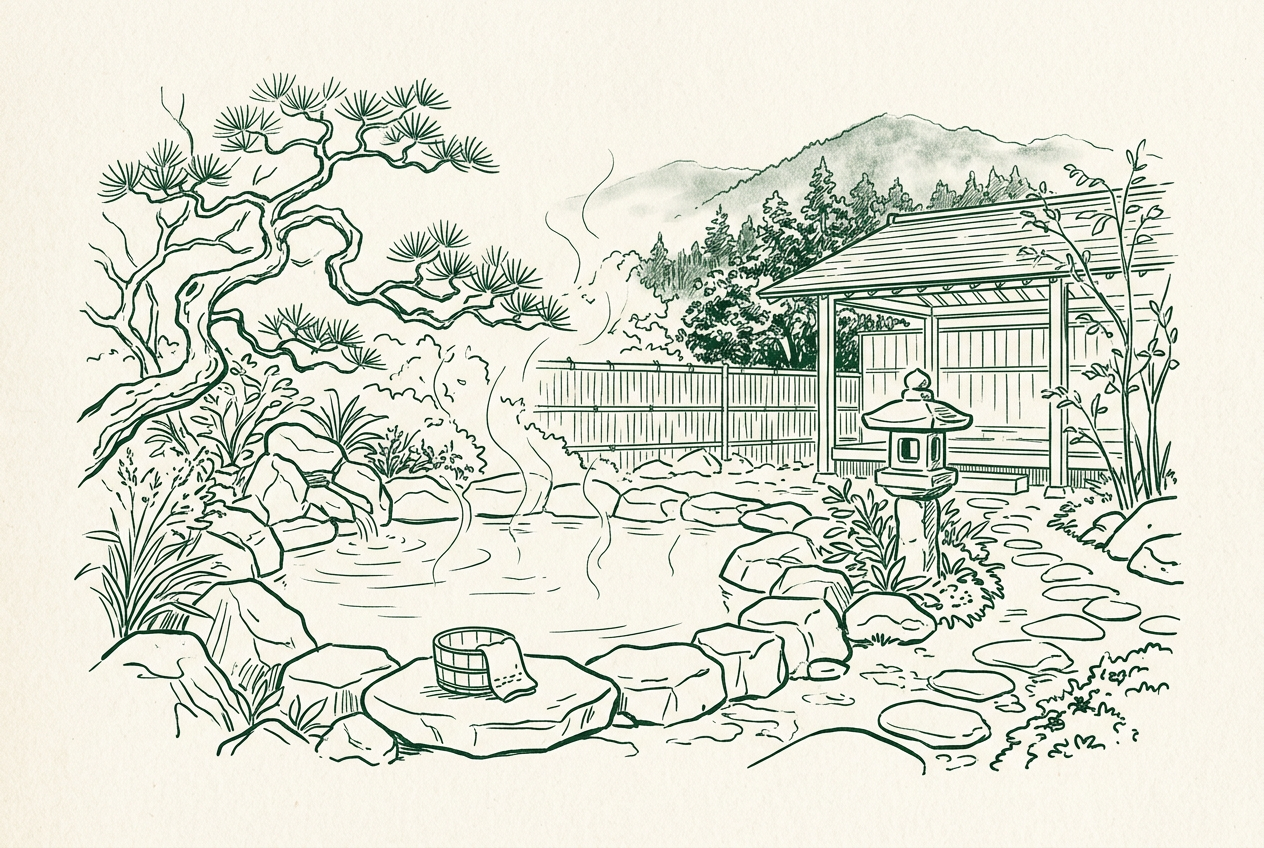 A traditional Japanese outdoor onsen with stone-edged hot spring water, pine, and a stone lantern