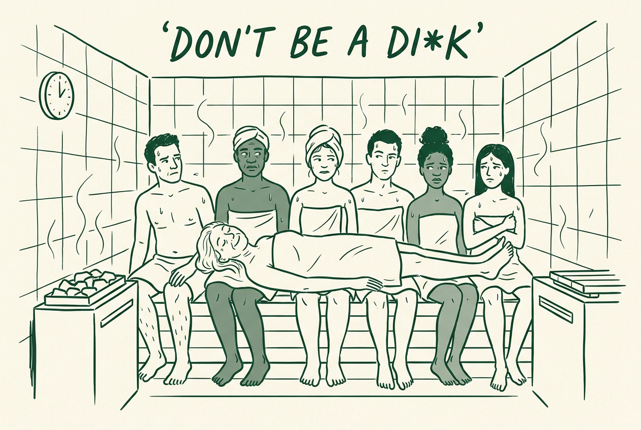 An overcrowded sauna with one woman lying serenely across the bench while everyone else is squeezed in