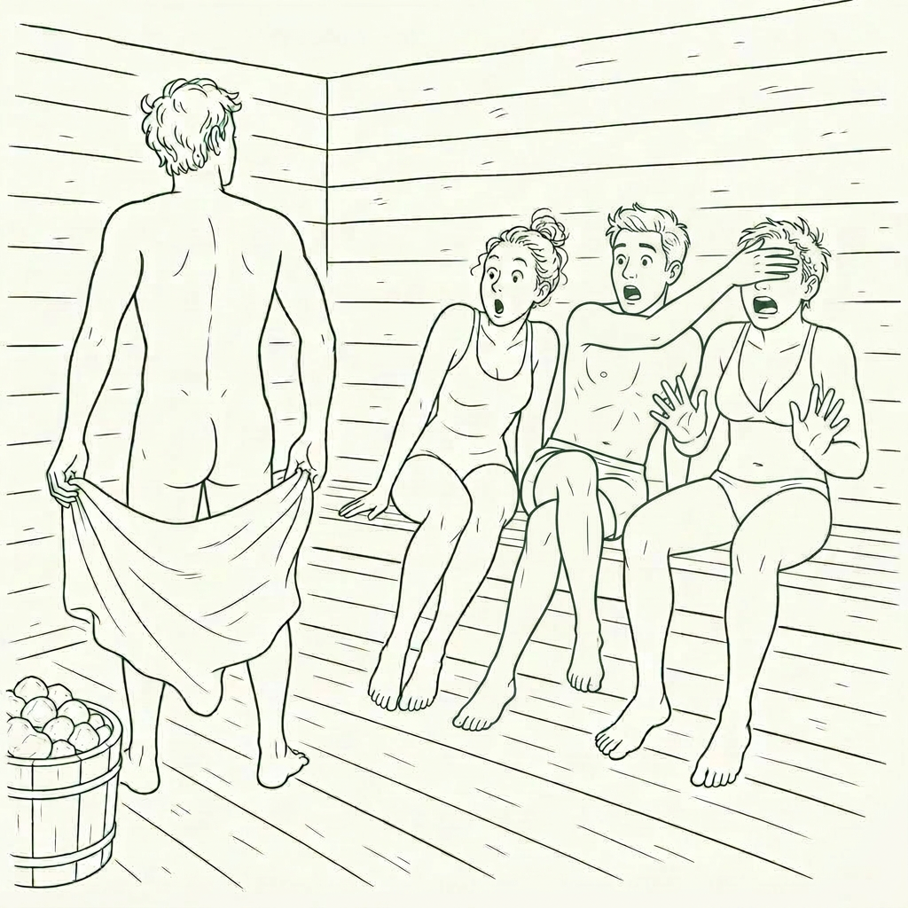 Sauna-goers reacting with shock as someone removes their towel
