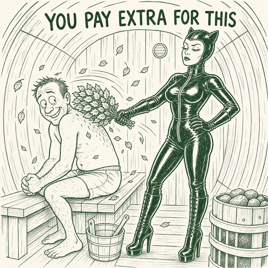 A man being hit with birch leaves by a dominatrix in a barrel sauna