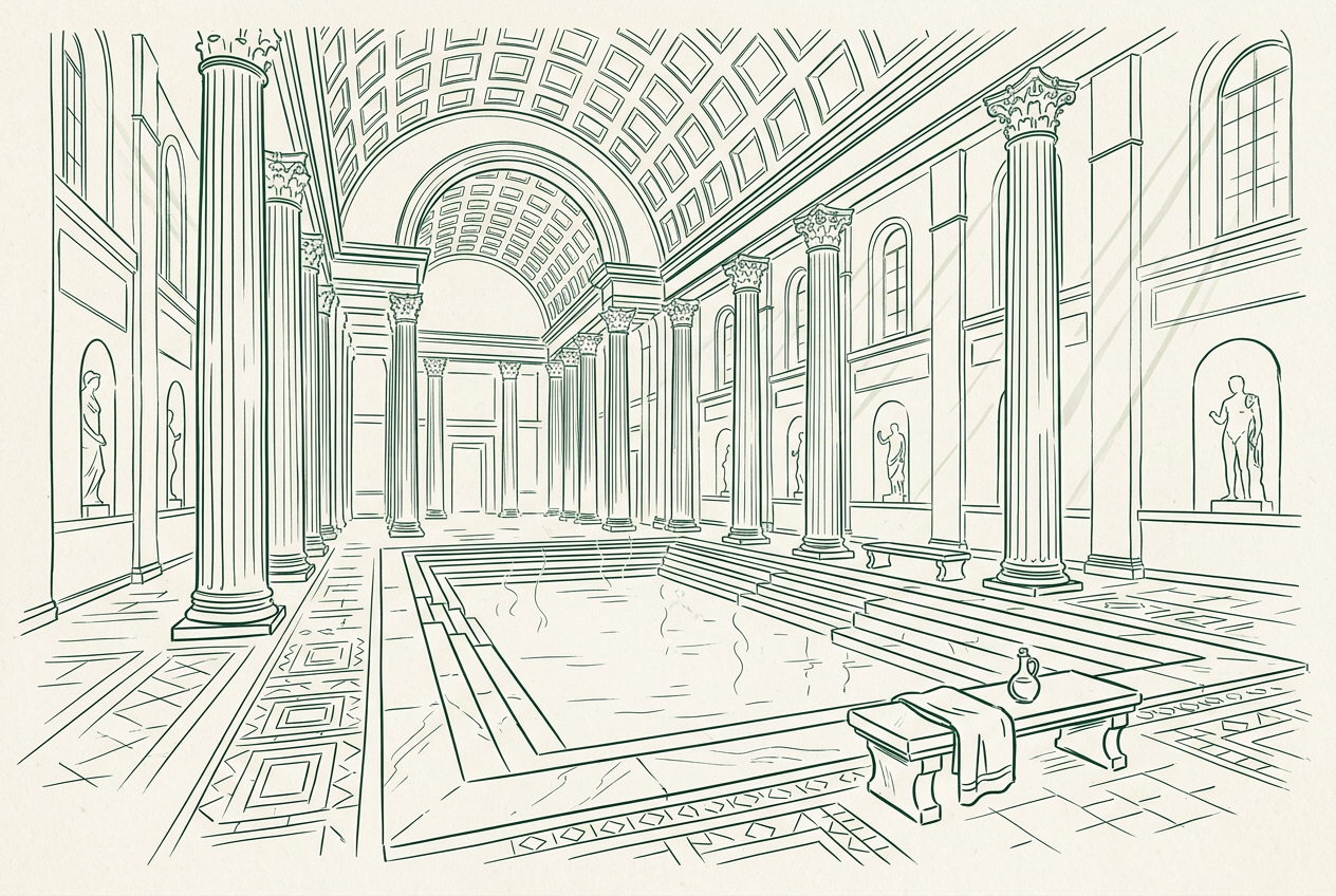 Interior of a vast Roman thermae bathing hall with vaulted ceilings, columns and a central pool