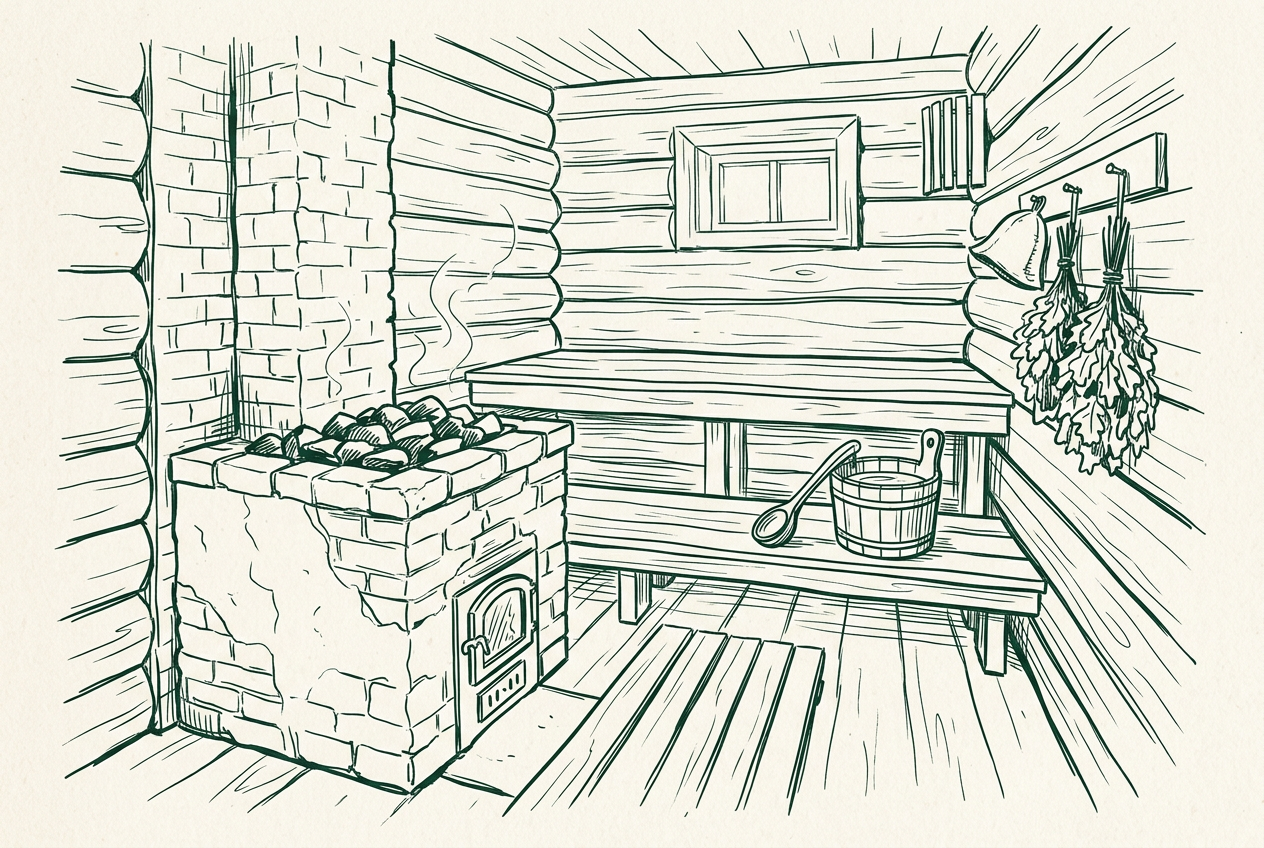Interior of a traditional Russian banya with a brick stove, wooden benches and bundles of birch leaves on the wall