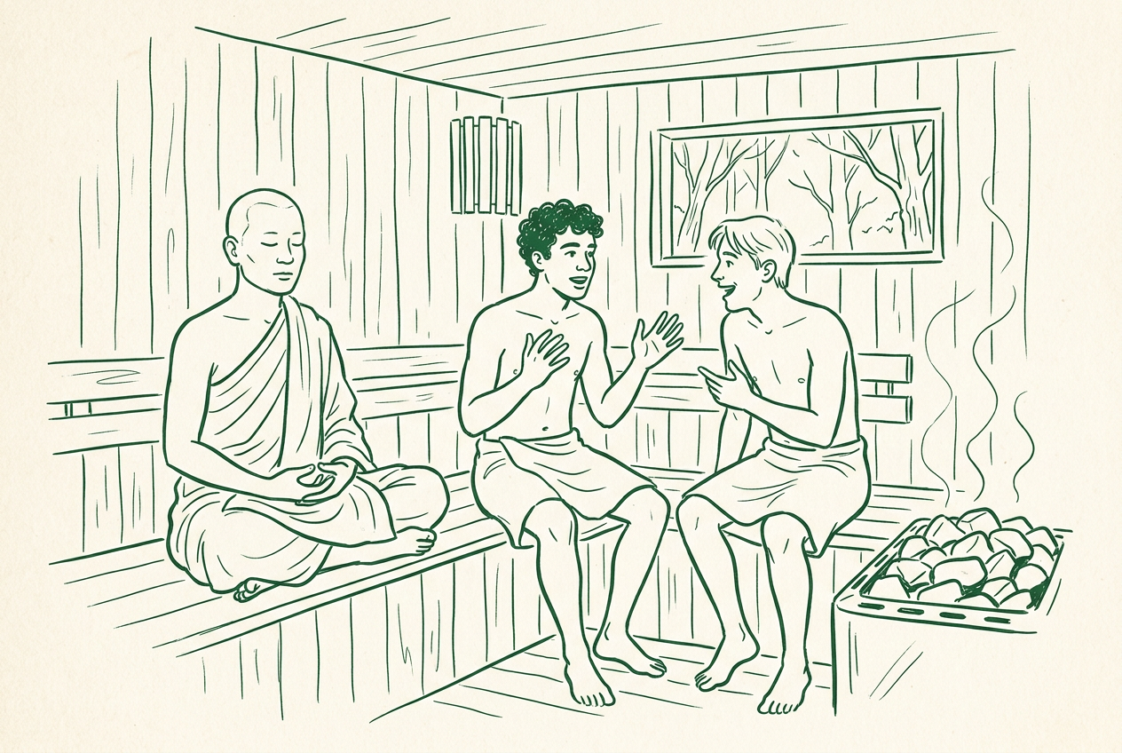 A Buddhist monk meditating beside two young men chatting in a woodland sauna